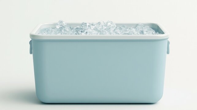A cooler sits on white with ice inside.