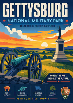 Gettysburg National Military Park poster with a cannon and monument