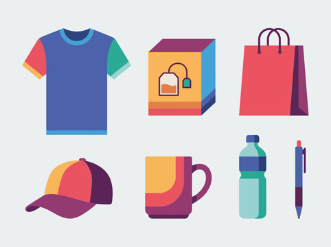 This vibrant image showcases a collection of apparel and accessories including a shirt, cap, bag, and mug, perfect for retail or promotional use on your stock website.