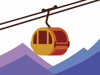 This vibrant illustration depicts a gondola lift traveling over beautiful, layered mountains in shades of purple and blue, symbolizing adventure and breathtaking landscapes. © Zhiming