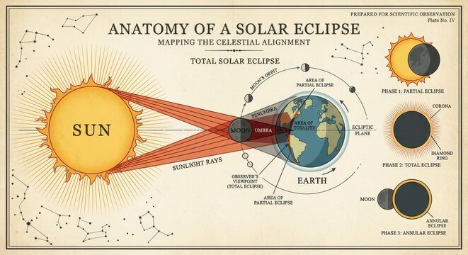 Diagram illustrating the anatomy of a total solar eclipse, showing the alignment of the Sun, Earth, and Moon