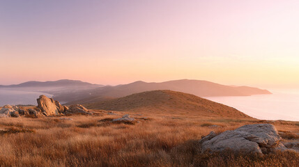 Fototapeta premium Golden Hour Landscape with Rolling Hills at Sunset