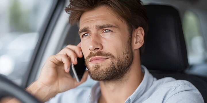 man talking on smartphone while driving automobile - distracted driving and road communications