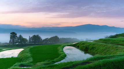 Fototapeta premium Misty Mountains at Sunrise with Lush Green Fields