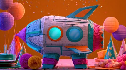 Naklejka premium Spaceship-shaped pinata and party items sit on a table with an orange backdrop.