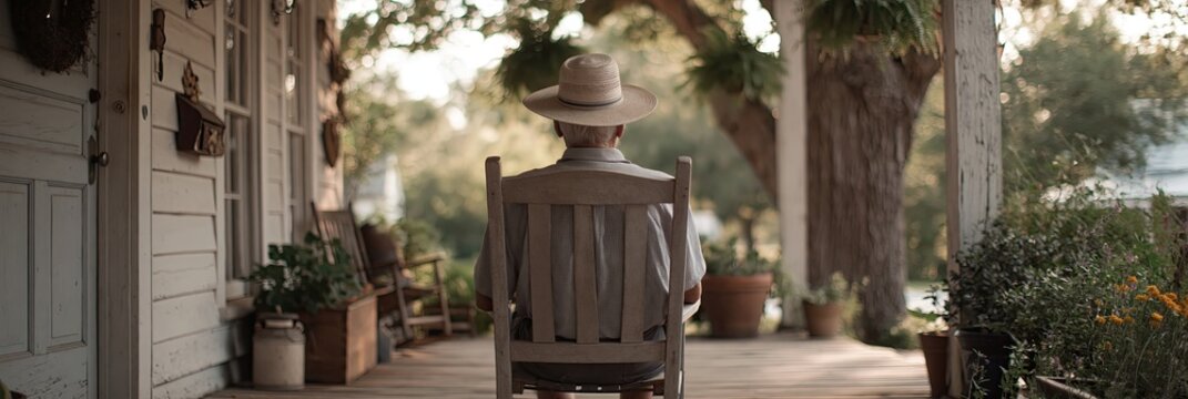 old man sitting on the porch - retirement photo of elderly senior citizen enjoying ageing in front of house sitting in chair
