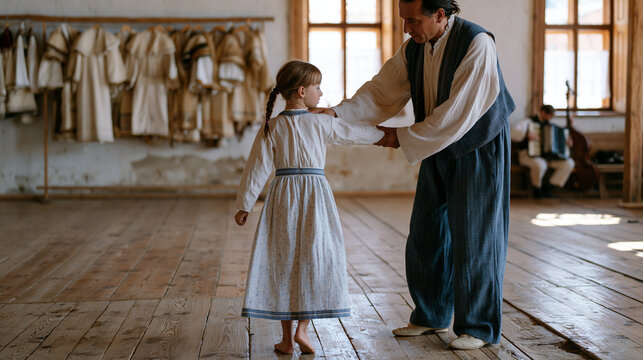 Hungarian folk dance instructor correcting a young student's footwork in a wooden-floored village community hall, handstitched traditional costumes hanging on a rack, accordion player practicing in 