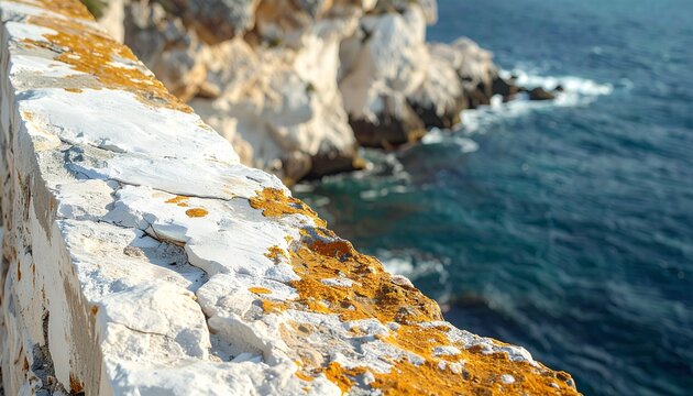 Salt-stained coastal wall shows weathered concrete surface covered with white mineral deposits formed by seawater spray, wind erosion, and long-term exposure to harsh marine coastal environmental cond