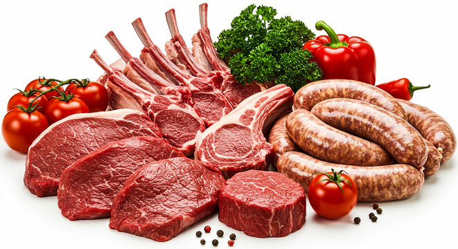 Composition of fresh raw beef steaks, lamb chops, and sausages with vegetables