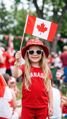 Happy Canada Day child holding Canadian flag during July 1st celebration, patriotic holiday spirit featuring red and white colors, family tradition, summer festival and national pride