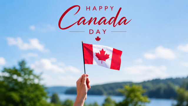 Canada day greeting with hand holding red white flag, maple leaf banner above blue sky, july first national holiday celebration, lakeside summer landscape, patriotic parade picnic festival