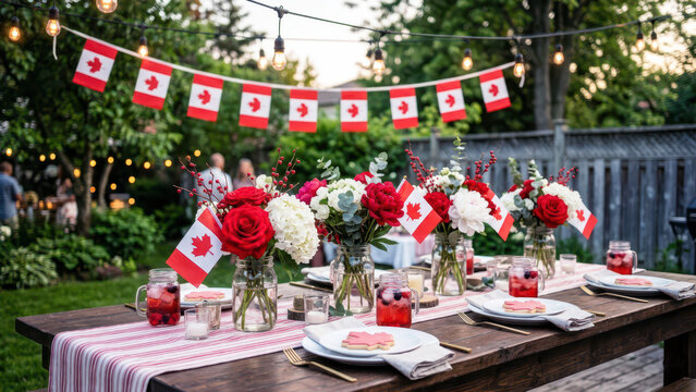 Canada Day backyard barbecue celebration table with Canadian flags, festive outdoor dinner setup and patriotic party decor featuring flowers, string lights and summer holiday atmosphere