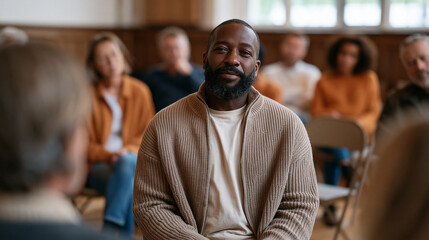 Obraz premium Young Black man leads opioid recovery support group circle in church fellowship hall, folding chairs arranged in circle, participants of various ages listening with visible vulnerability, peer couns