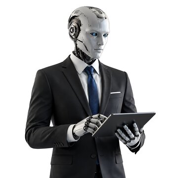 Futuristic silver humanoid robot in business suit holding digital tablet