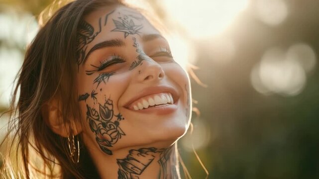 Smiling woman with tattoos