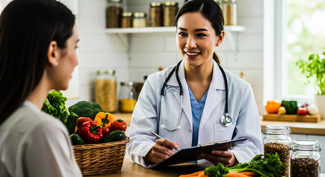 Asian female nutritionist discussing healthy diet plans and consultation with patient.