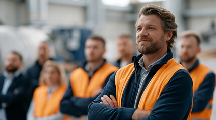 Fototapeta premium Stat number showing reduction in manufacturing waste tonnage displayed boldly in a factory sustainability milestone report, plant manager presenting the figure to workers and supervisors gathered in