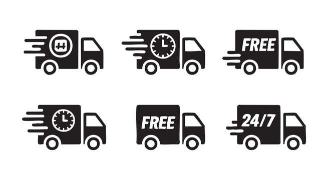 Logistic transport vehicle icons pack showing express shipping speed and free delivery service sign.