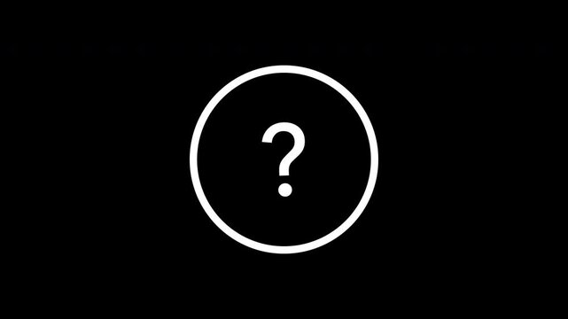 Circle outline draws with trim path, then a question mark drops into the center with bounce motion on black background. Loopable motion graphic for FAQ, help, and quiz concept.
