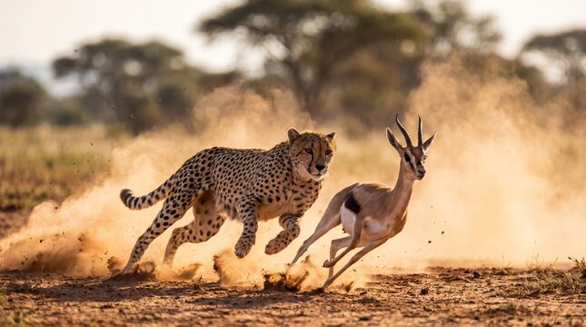 Dynamic chase of a cheetah pursuing a Thompson's gazelle in the dust of the African savanna