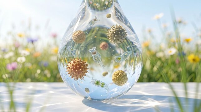 Microorganisms, pollen, and bacteria inside a water droplet on a blooming meadow background