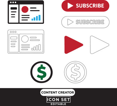 Content creator icon set: analytics subscribe buttons play buttons with analytics dashboard statistics subscribe platform influencer monetization