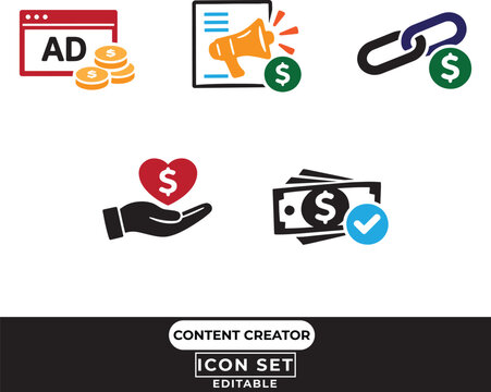 Content creator icon set: advertising sponsorship monetization with advertising megaphone promotion sponsorship donation verified platform influencer
