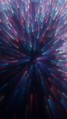 Fototapeta premium Colorful neon light streaks rushing into a dark center, creating a high-speed futuristic tunnel with dynamic motion.