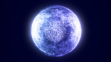 Fototapeta premium Glowing blue abstract sphere with dense electric filaments and radiant core on a dark futuristic background