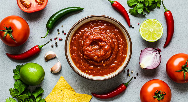 Vibrant fresh Mexican tomato salsa (pico de gallo) with raw ingredients on a stone background.