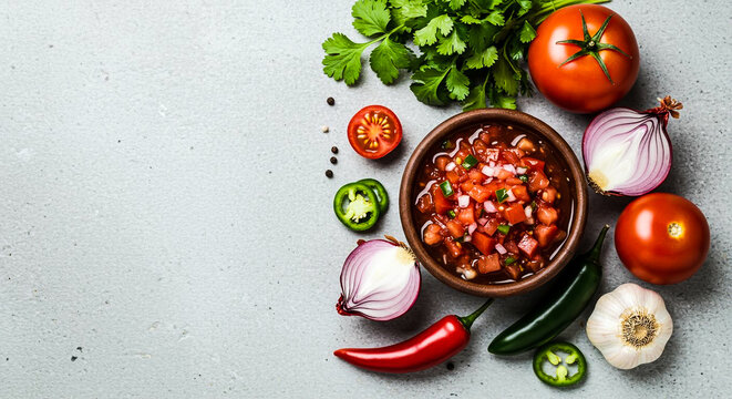 Vibrant fresh Mexican tomato salsa (pico de gallo) with raw ingredients on a stone background.