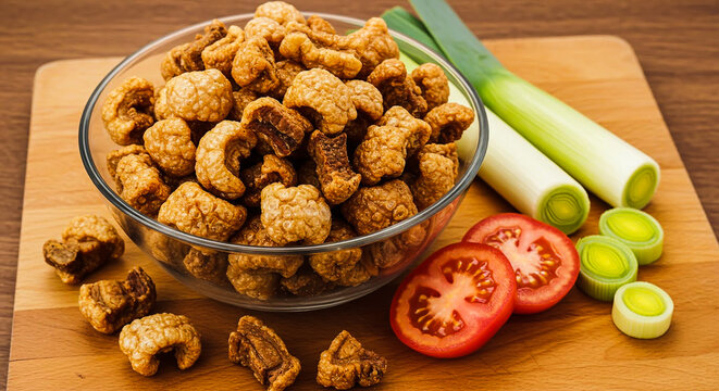 Bowl of crispy golden-brown fried pork rinds with fresh vegetables on a wooden cutting board