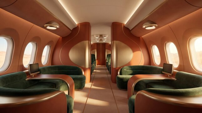AI generated image of an elegant retro-futuristic private jet interior featuring dark green velvet seats and curved walls during a VIP flight over the desert, illustrating the concept of exclusive 