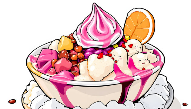 Halo halo , a Filipino dessert that translates to "mix mix". It is made up of sweetened beans, coconut gelatines, jackfruit, and purple yamon a bed of shaved ice with milk, then topped with ice crea