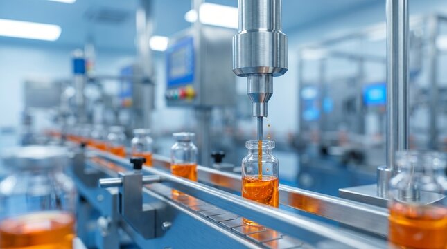 uma m&aacute;quina automatizada enchendo frascos de vidro com l&iacute;quido laranja na esteira durante o processo de produ&ccedil;&atilde;o farmac&ecirc;utica, ilustrando o conceito de fabrica&ccedil;&atilde;o de vacinas e medicamentos.