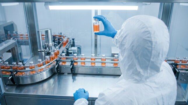 cientista com traje de prote&ccedil;&atilde;o inspecionando um frasco de vidro com l&iacute;quido laranja durante o processo de fabrica&ccedil;&atilde;o farmac&ecirc;utica, ilustrando o conceito de produ&ccedil;&atilde;o de vacinas e rigoroso controle  