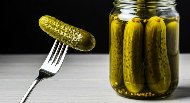 pickled cucumber on a fork