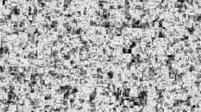 Abstract digital noise texture with black and white fractal square blocks shifting rapidly, ideal for retro VHS tracking effects and tech hacking overlays animation. 4k