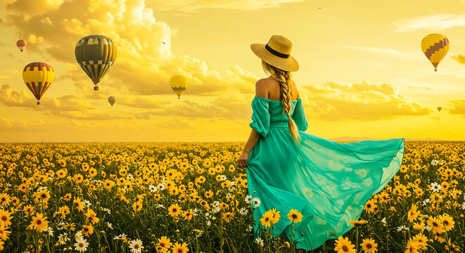 Young Woman and Hot Air Balloons at Golden Hour