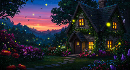 Obraz premium Enchanted Cottage in a Magical Forest at Night