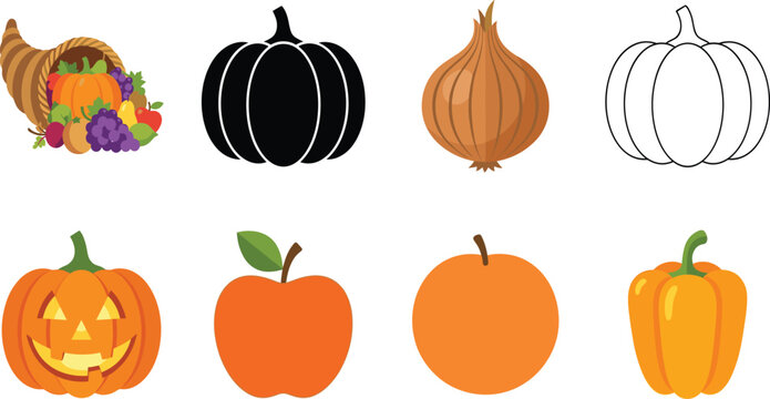 Collection of autumn harvest icons featuring cornucopia pumpkins apple onion and bell pepper in various flat and silhouette styles