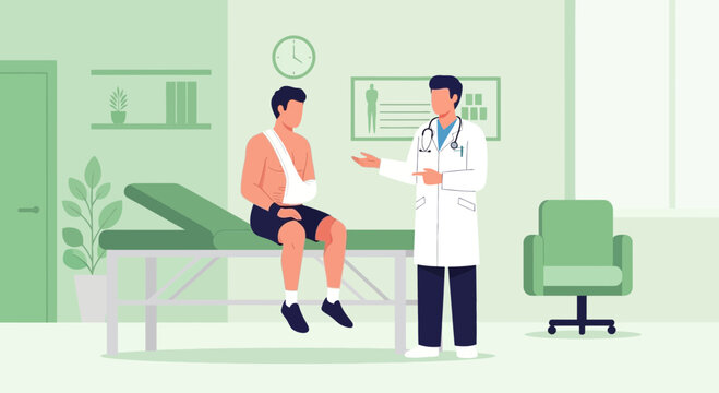 Doctor Examining Patient with Broken Arm in Clinic, Medical Consultation