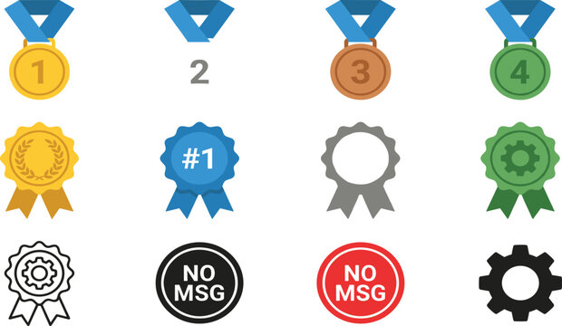 Collection of award medals ranking badges and certification icons in colorful flat styles for gamification achievement and business success
