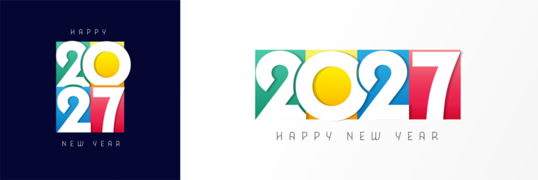 Colorful truncated number logo design for Happy New Year 2027. Creative vector illustration with typography 2027 on colored shapes