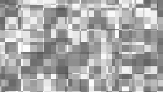 Dynamic abstract background with high-contrast white and grey digital mosaic square blocks moving rapidly, perfect for fast-paced VJ music loops and text overlays