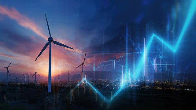 wind turbine with financial market chart and digital information.