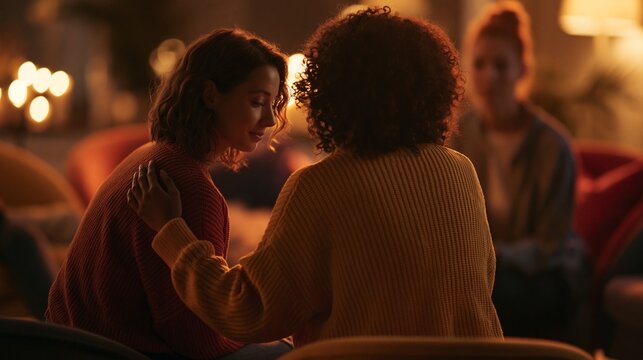Two friends in recovery share a comforting shoulder touch inside a circle of chairs softly lit by warm ambient lighting emphasizing emotional connection in a cozy support room.