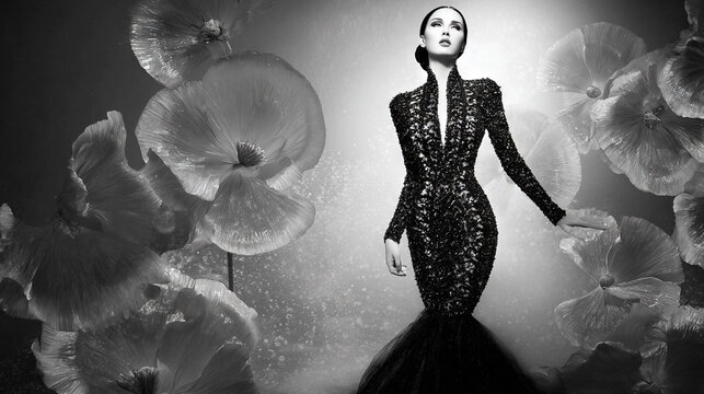 Elegant Woman in Sparkling Dress Amidst Metallic Flower Backdrop
