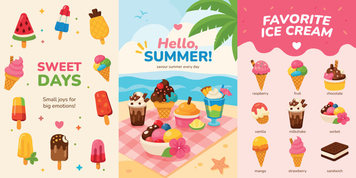 Ice cream banners set with cute colorful popsicles, cones and summer desserts. Hello summer beach picnic posters with sweet treats and ice cream menu. Flat vector illustration isolated on gray backgro