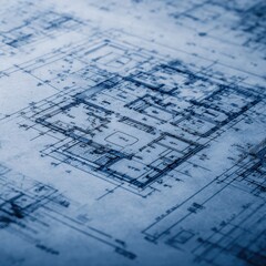 Fototapeta premium Detailed architectural drawing showing complex floor plans and structural layouts of a residential building, captured with a blue tint and sharp line work for design